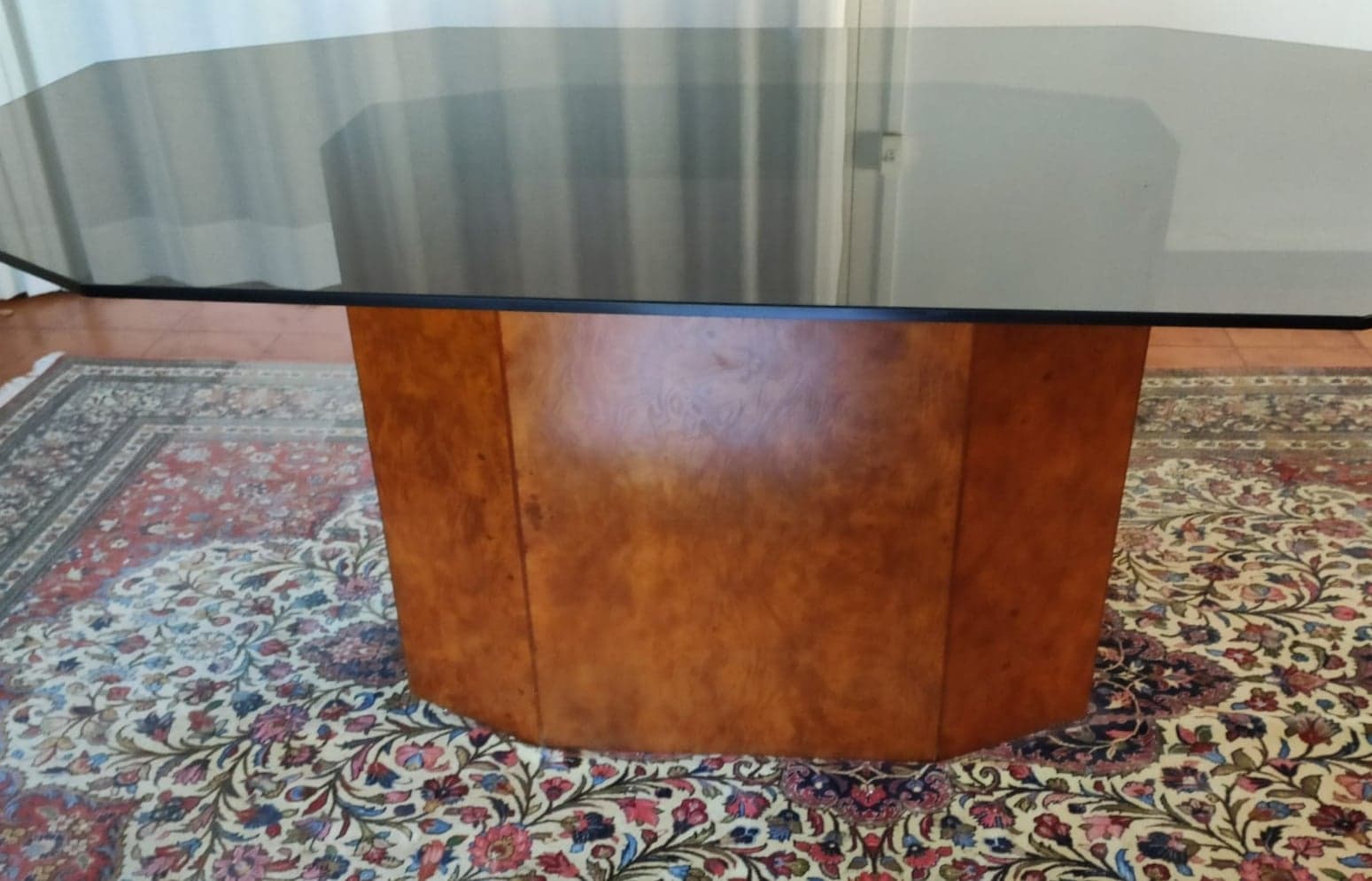 Table smoked glass and walnut bramble 80s