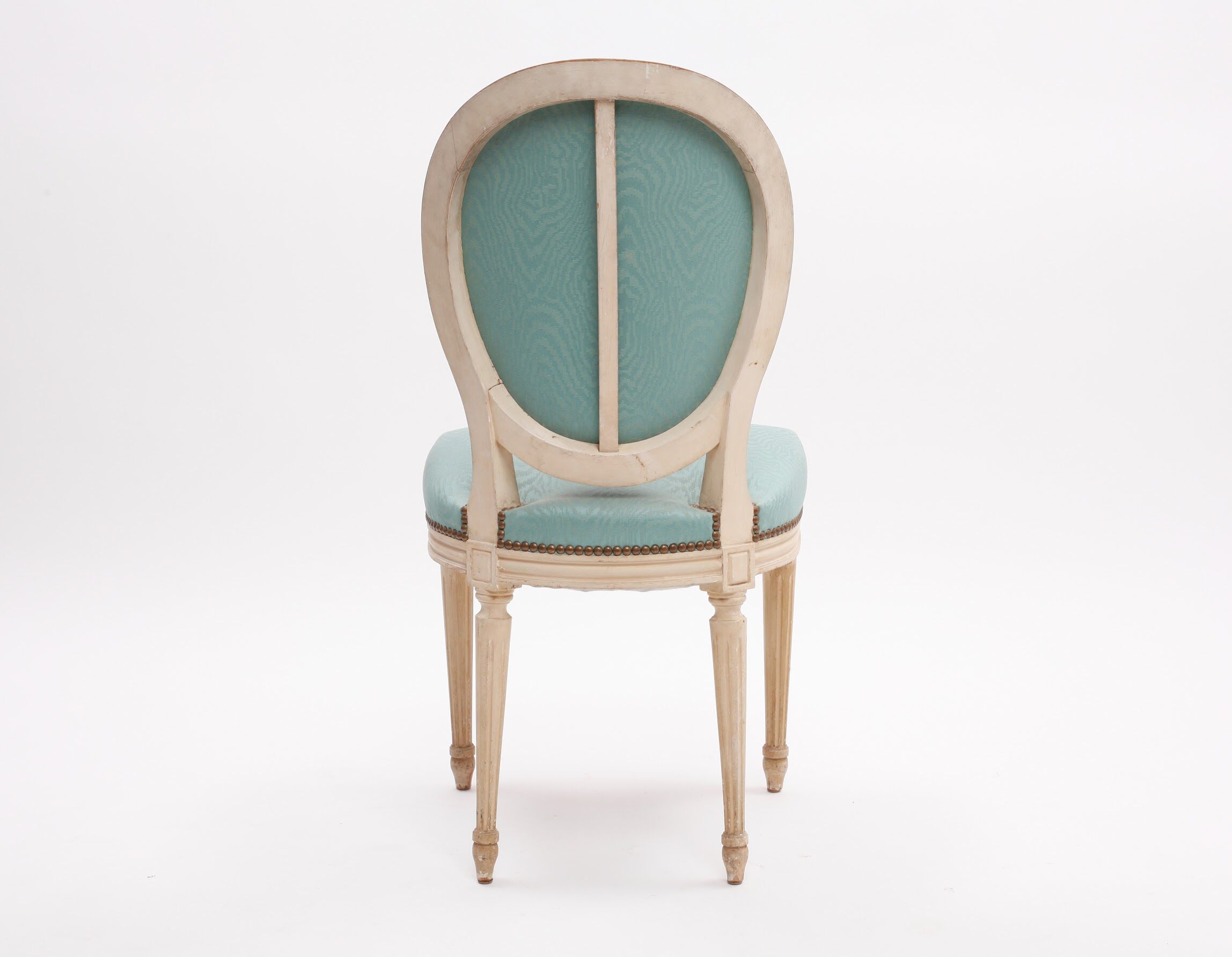 Pair of Louis XVI style armchair medallion chairs in turquoise blue color