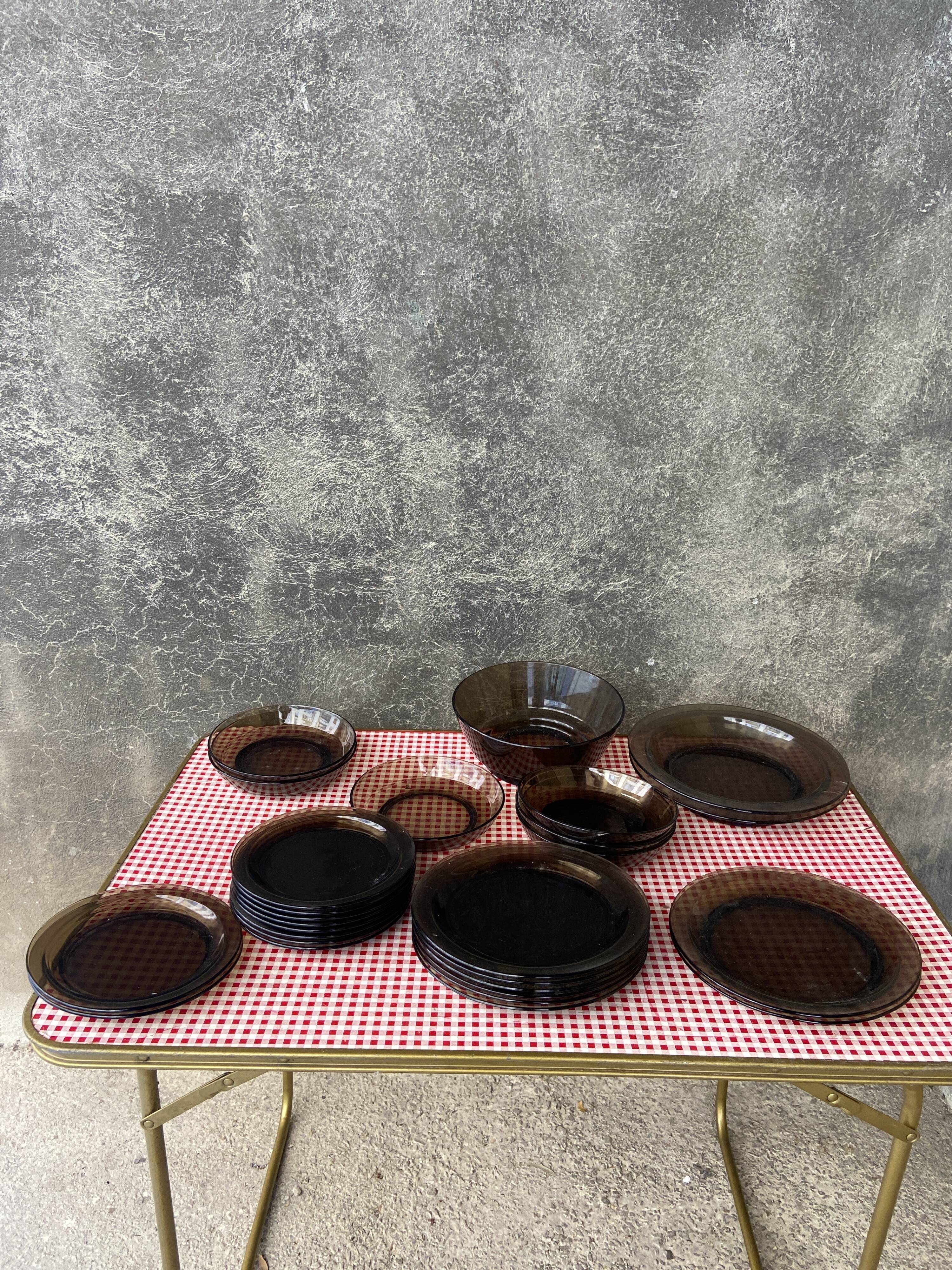 Set of smoked glass tableware 70s