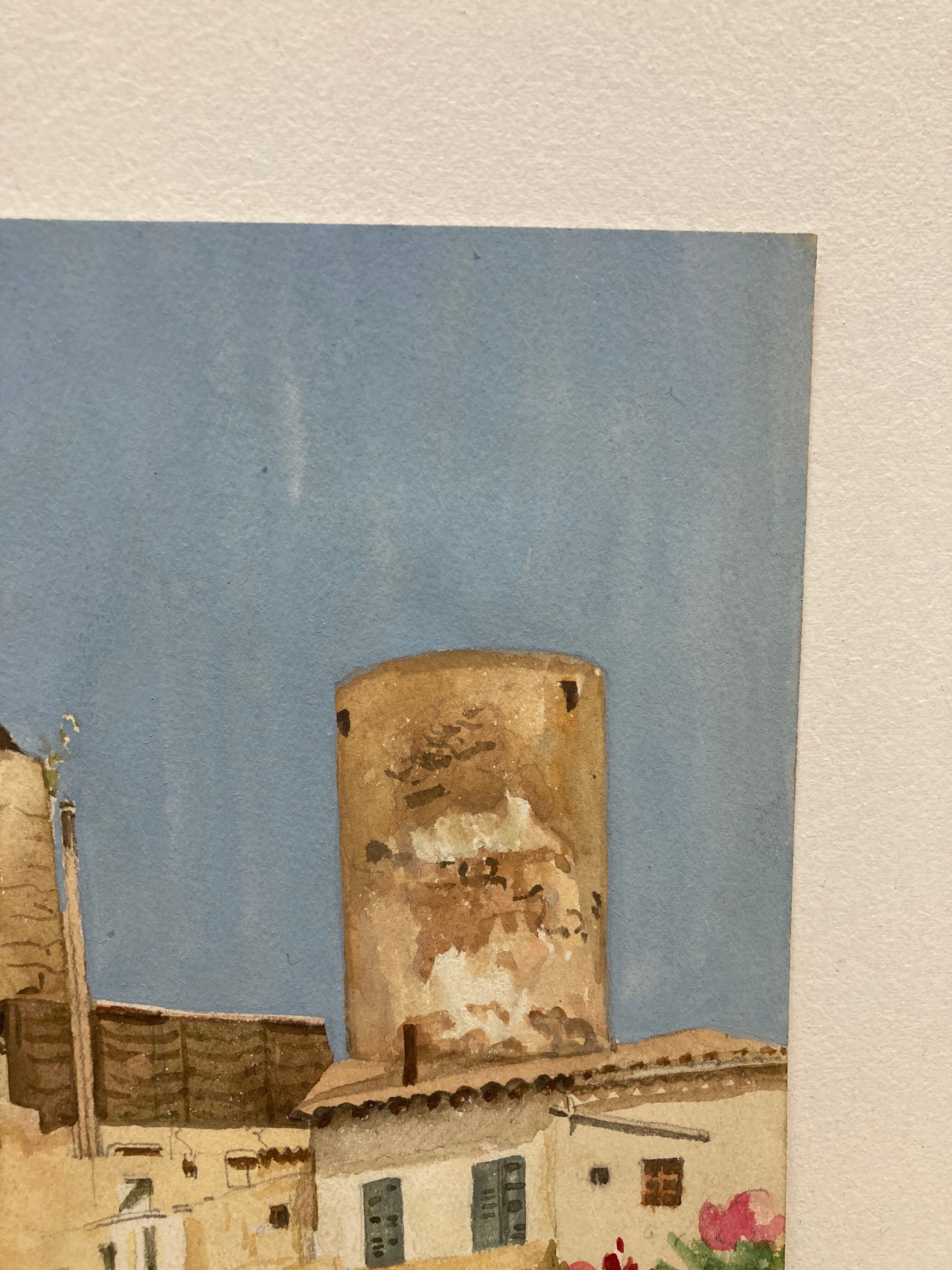 Watercolor landscape with vintage mills