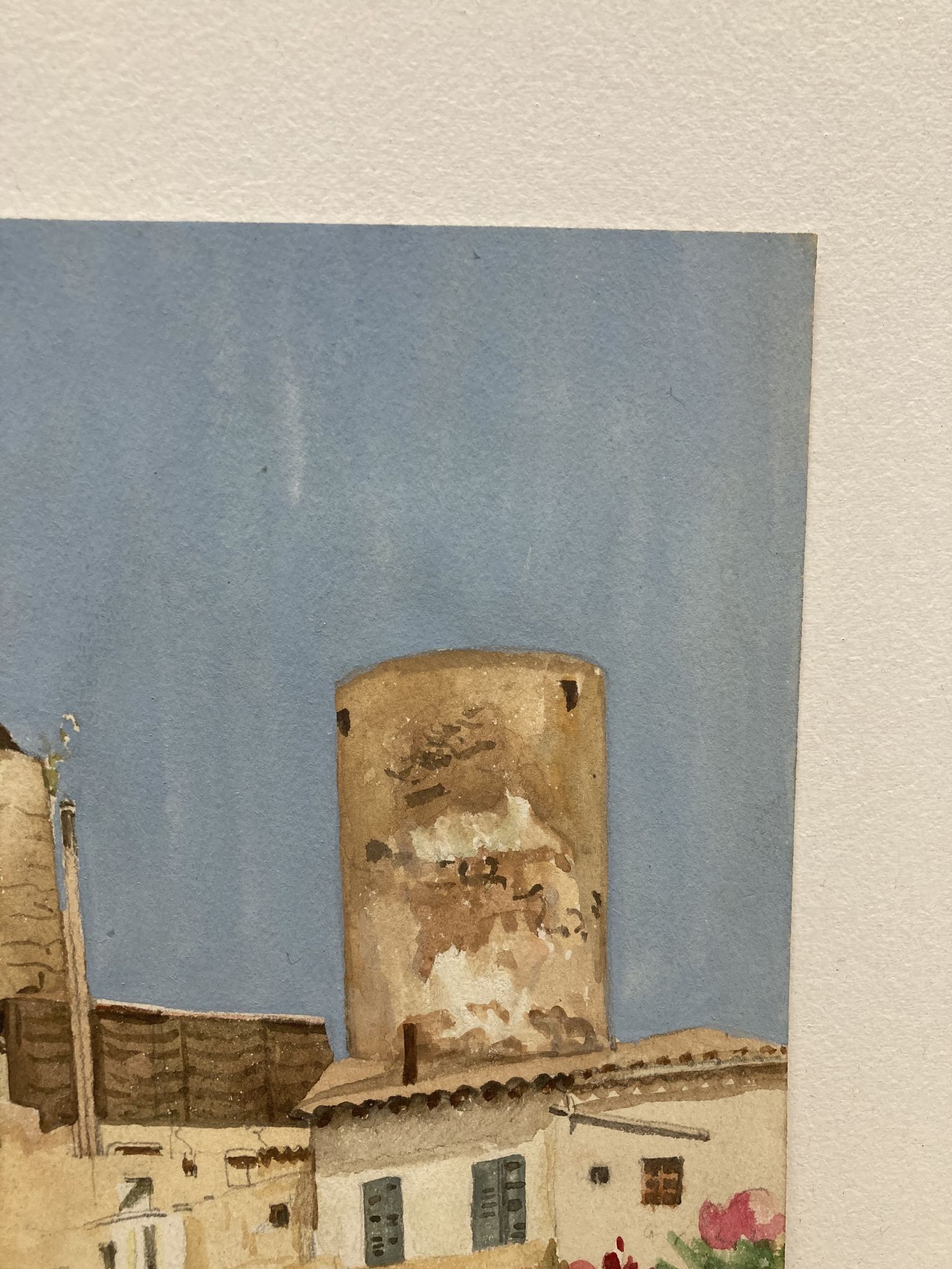 Watercolor landscape with vintage mills