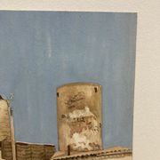 Watercolor landscape with vintage mills