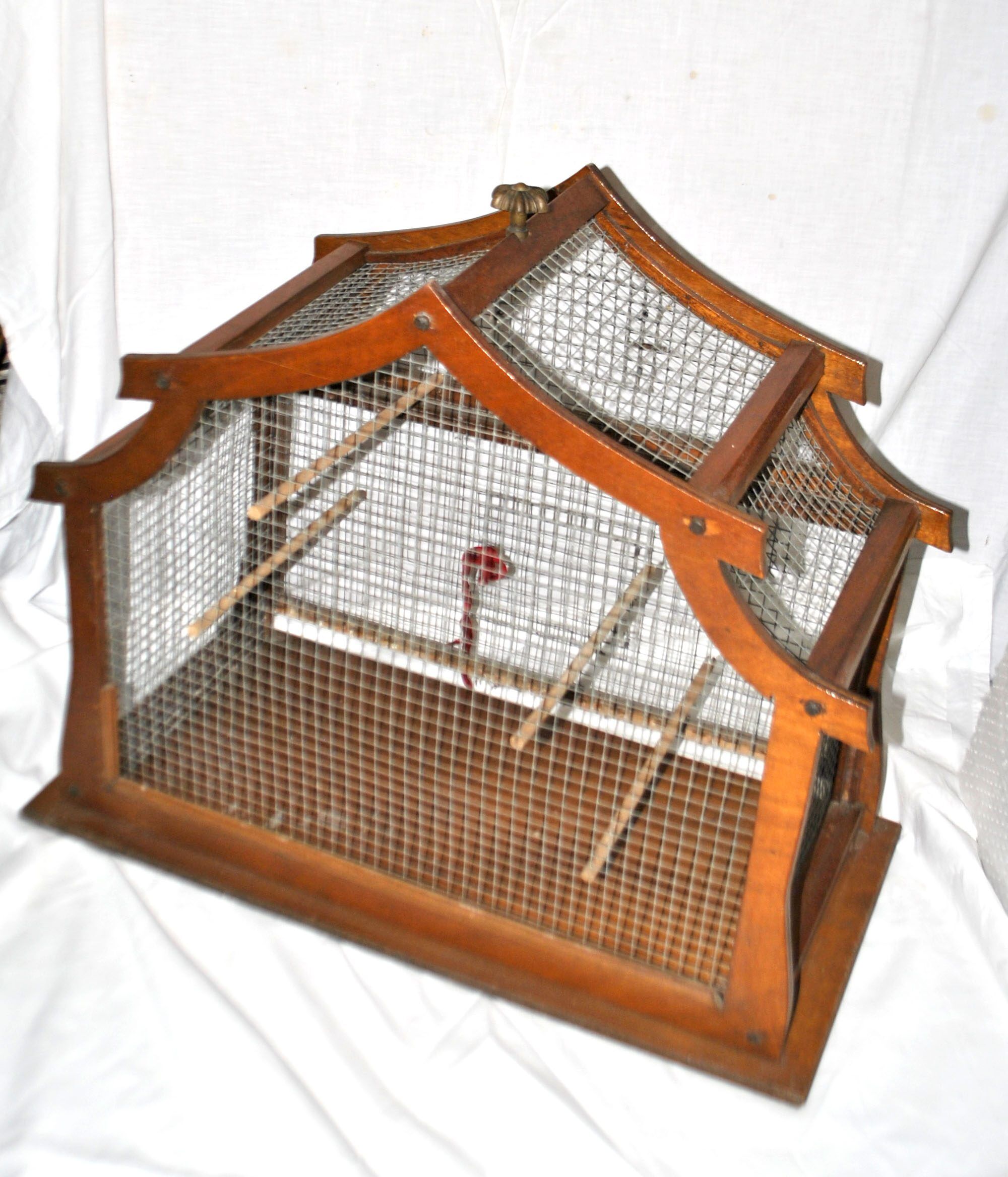 Large vintage wooden birdcage with metal mesh - Handmade 1960s