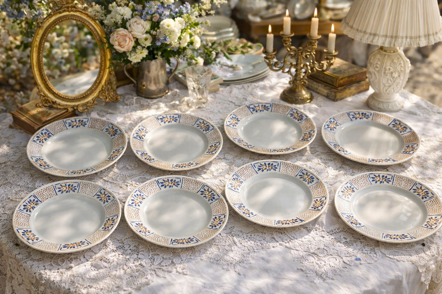 8 antique flat plates in Gien earthenware
