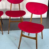 Set of four red velvet and wood dining chairs, Italy 1950