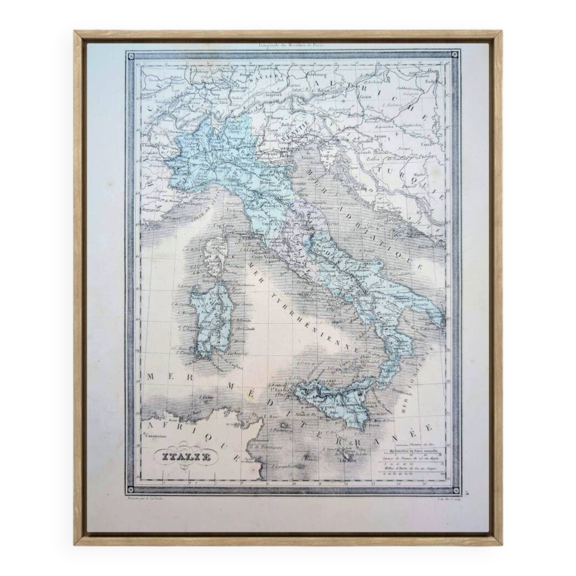 Italy, old map, printed in 1852.