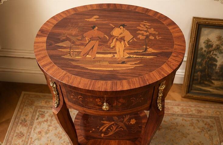 Vintage side table inlaid with Asian motifs and gilded bronze.