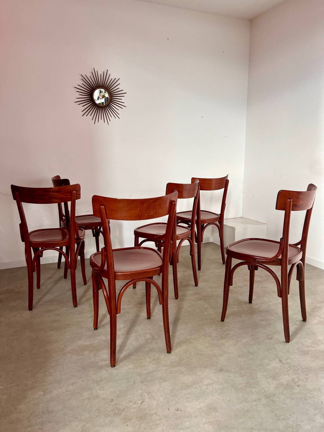 Set of 6 vintage 70s curved varnished wood bistro chairs