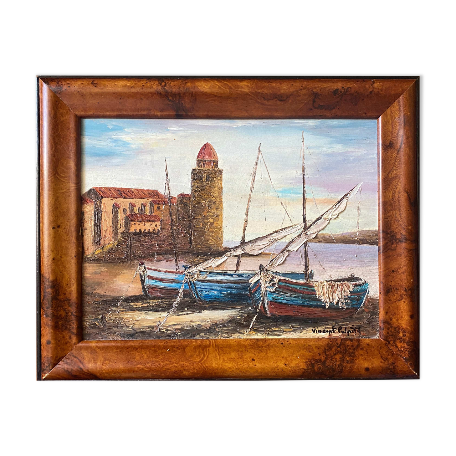 HST painting "Port de Collioure" by Vincent Pulpito + gallery stamp frame