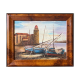 HST painting "Port de Collioure" by Vincent Pulpito + gallery stamp frame