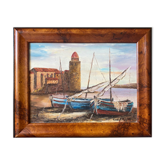 HST painting "Port de Collioure" by Vincent Pulpito + gallery stamp frame