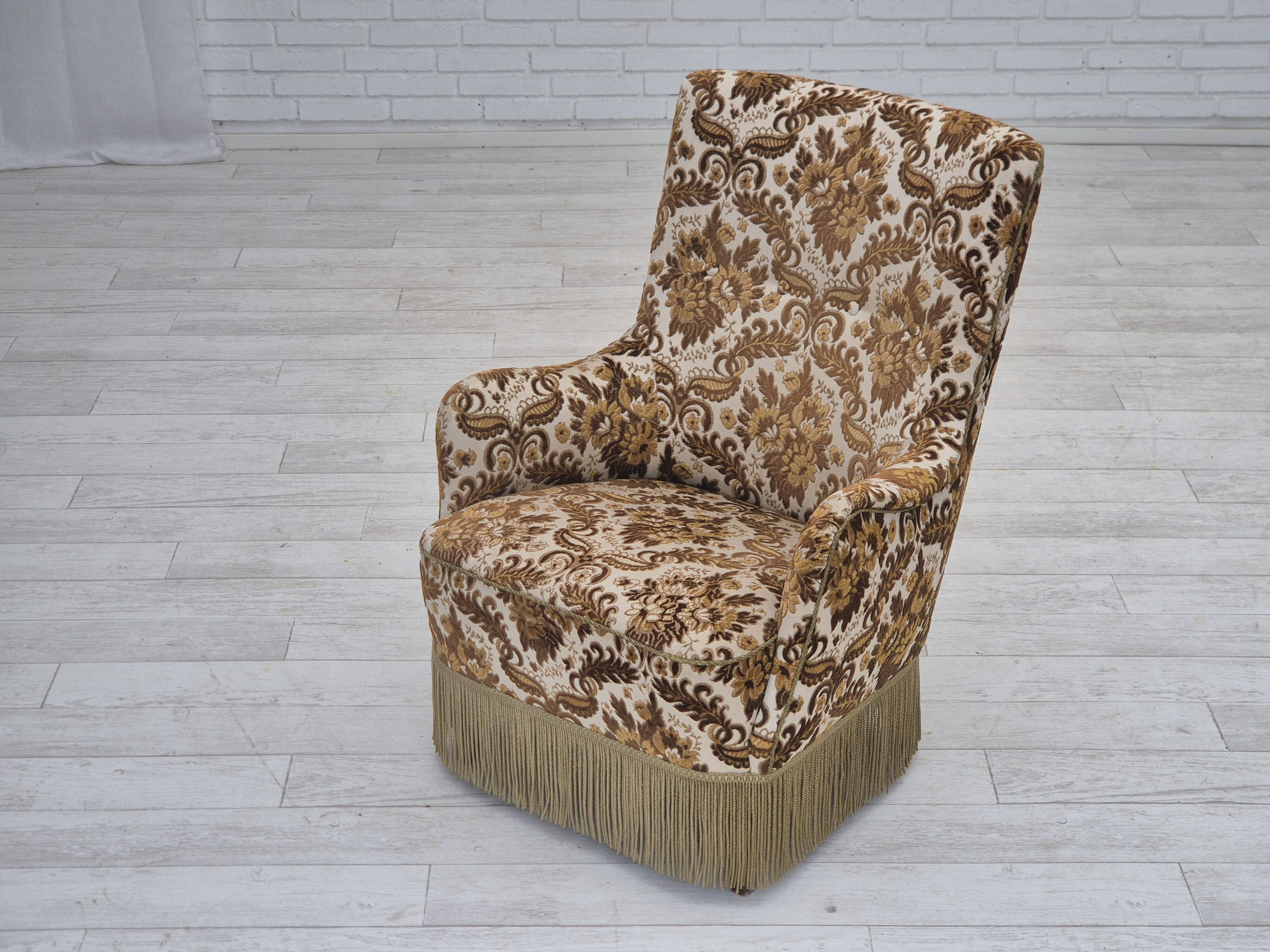 1960s, Danish highback armchair, furniture velour fabric, ash wood.