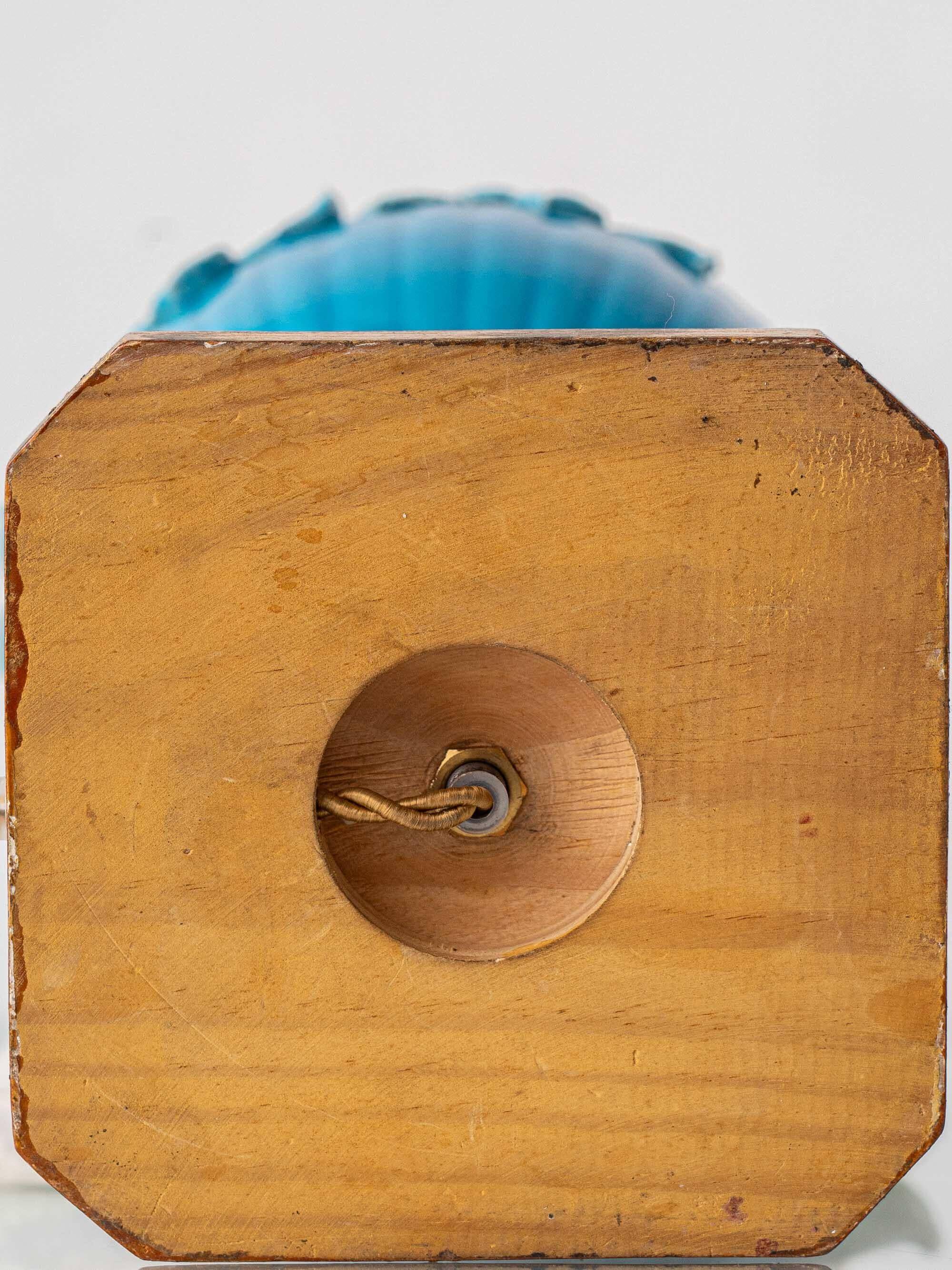 Turquoise glazed ceramic floral table lamp from Manises mid-century, with a new silk shade.