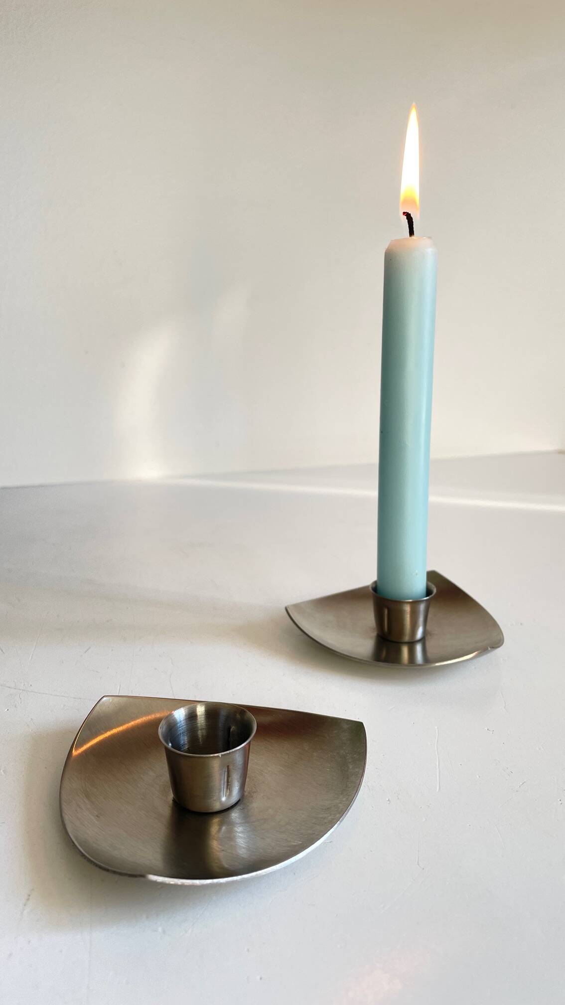 Vintage brushed metal geometric candle holders