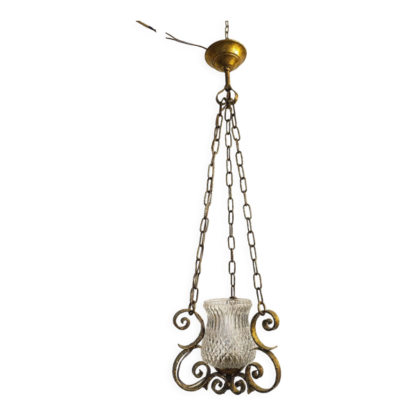 Plafonnier fer forgé et verre Espagne, années 1970 — Beyit