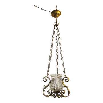 Ceiling lamp wrought iron and glass Spain, 1970s