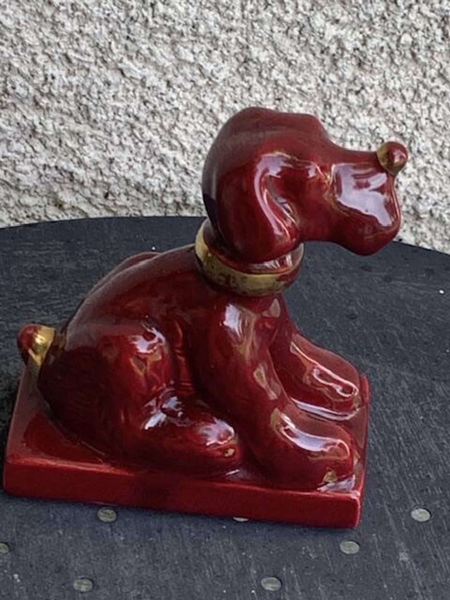 Dog sign CAB in vintage burgundy red enameled ceramic slip, art deco