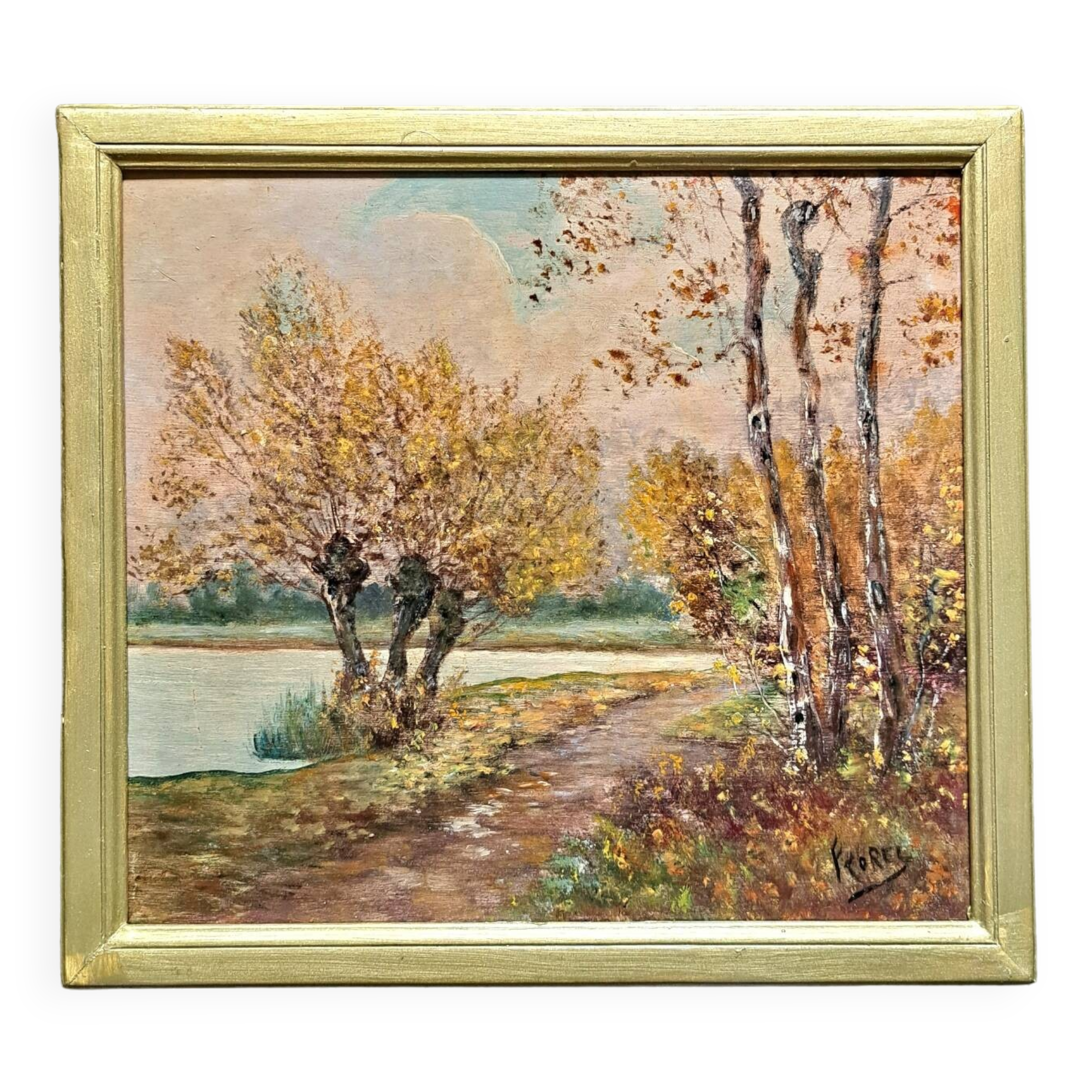 Impressionist painting, Oil on wood early 20th century, romantic landscape.
