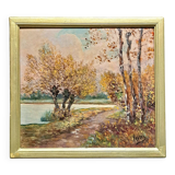 Impressionist painting, Oil on wood early 20th century, romantic landscape.