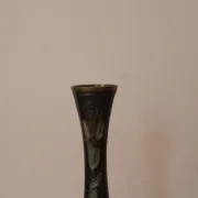 Vintage brass soliflore vase with black, red, and green floral decoration – H 18 cm