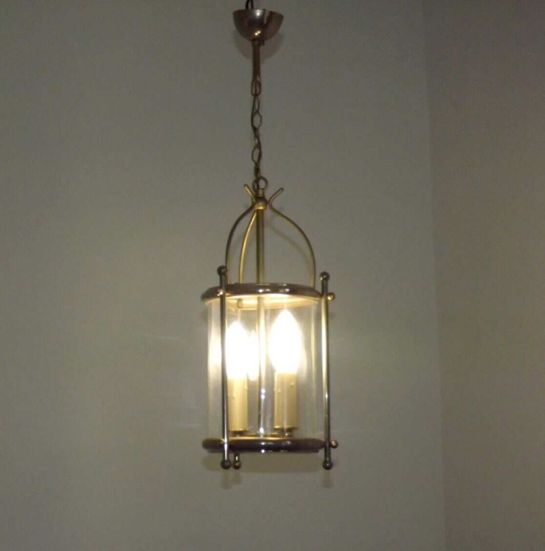 French vintage silver finished brass cylindrical glass 2 light hall lantern 3929