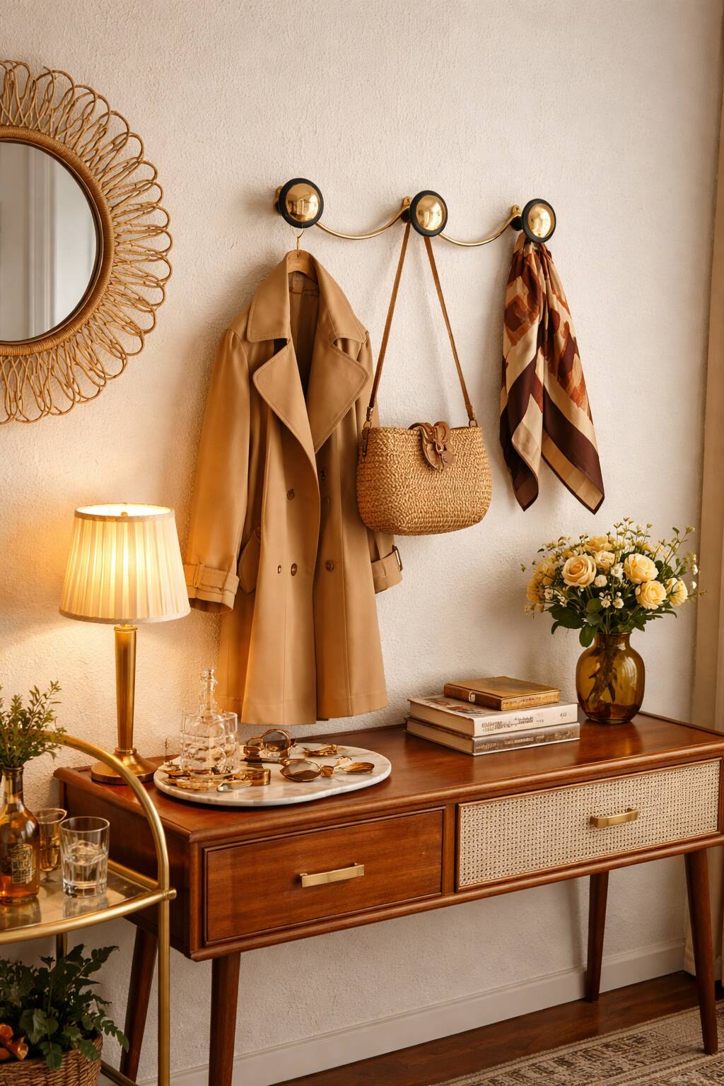 Vintage 1960 gold-plated coat rack with 3 hooks - 45 x 7 cm