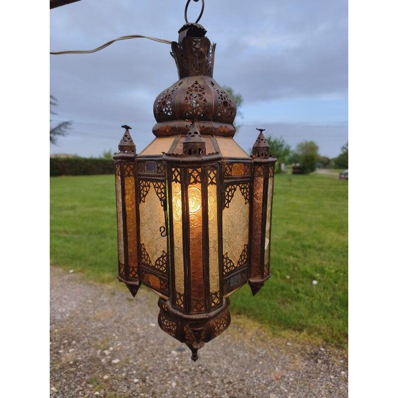 North African lantern suspension in brass and coloured glass.