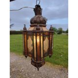 North African lantern suspension in brass and coloured glass.