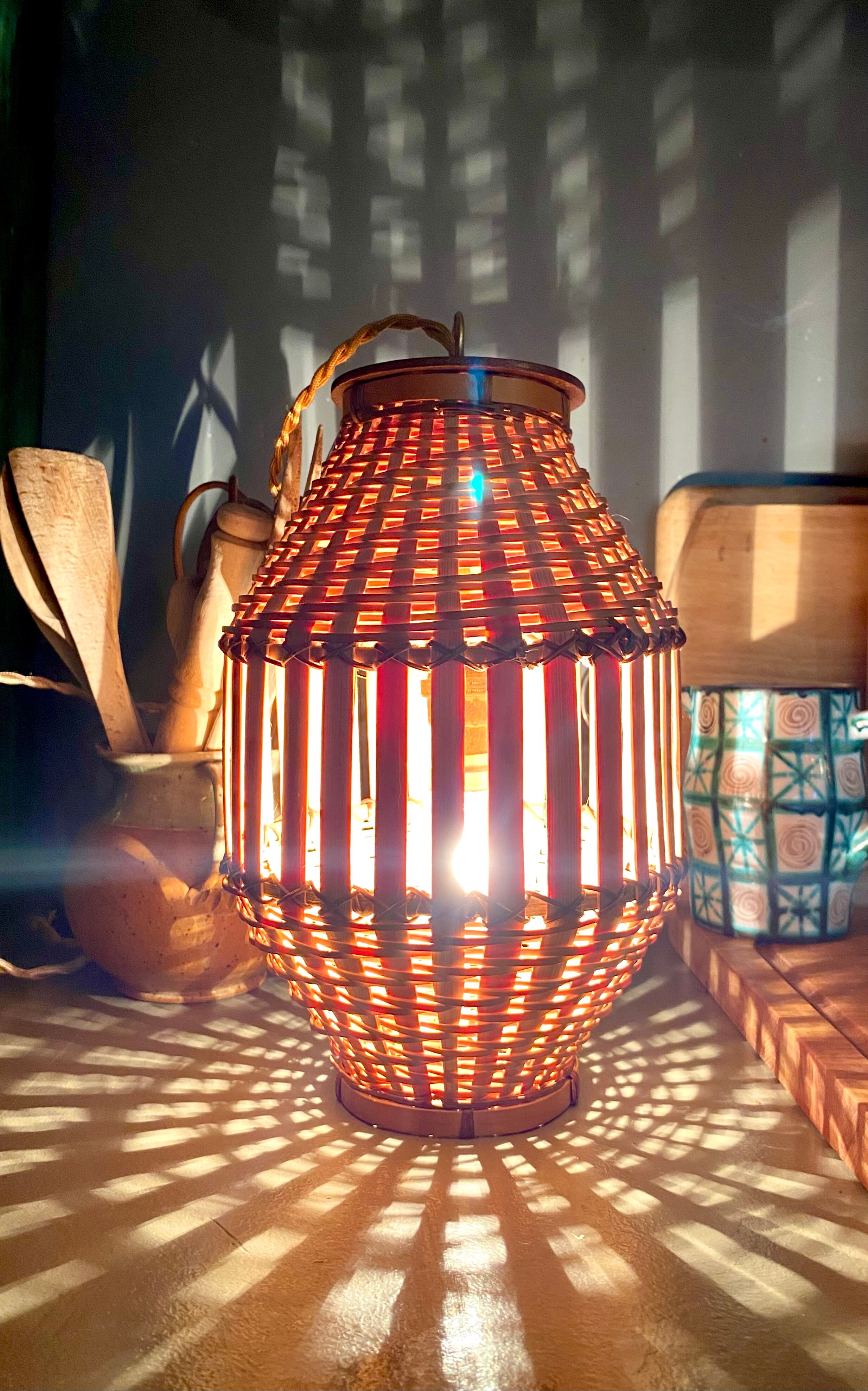 Pendant lamp, fabric cable 2 m, Asian bamboo, 1980