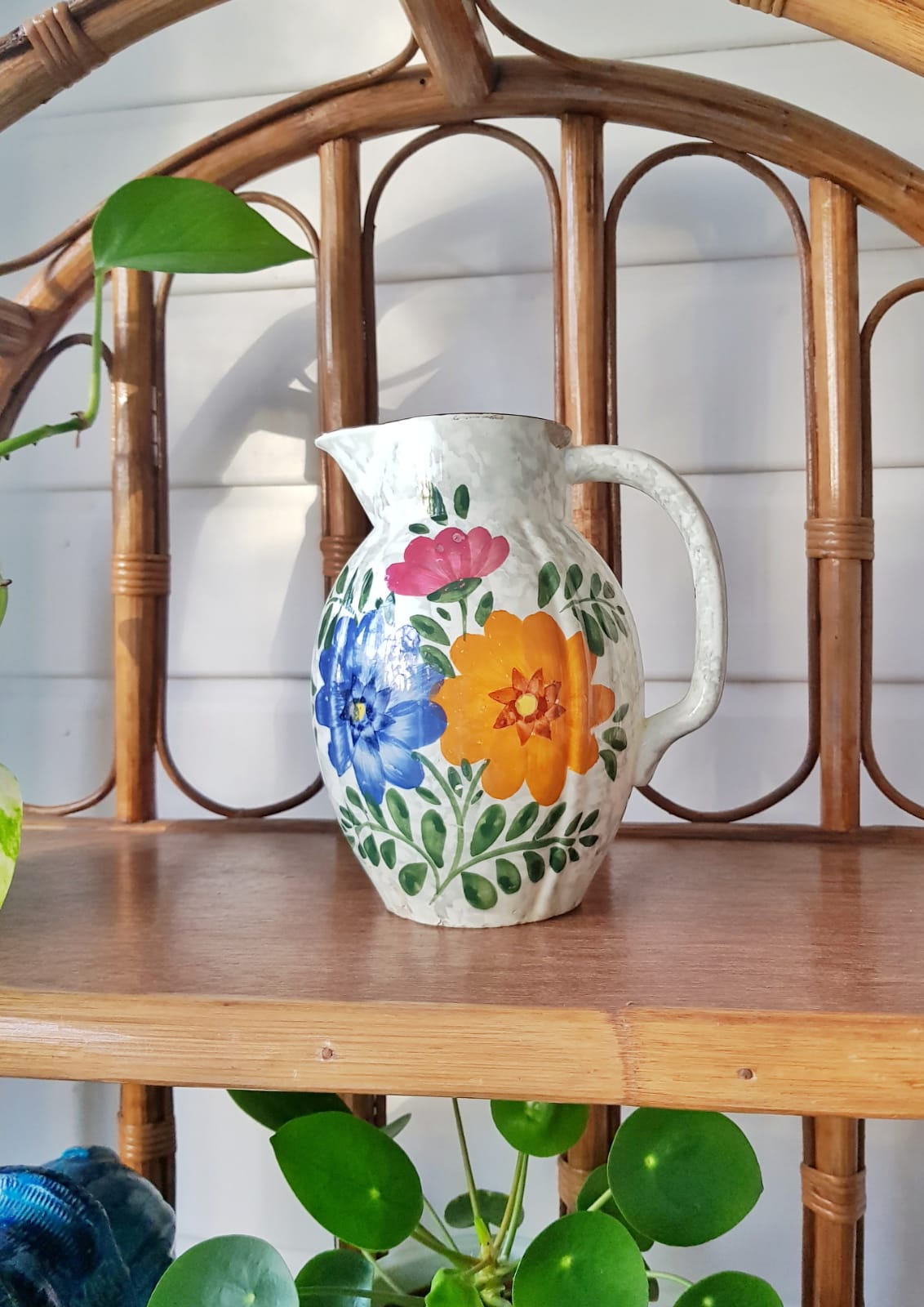 Pitcher vase shiny flowered ceramic