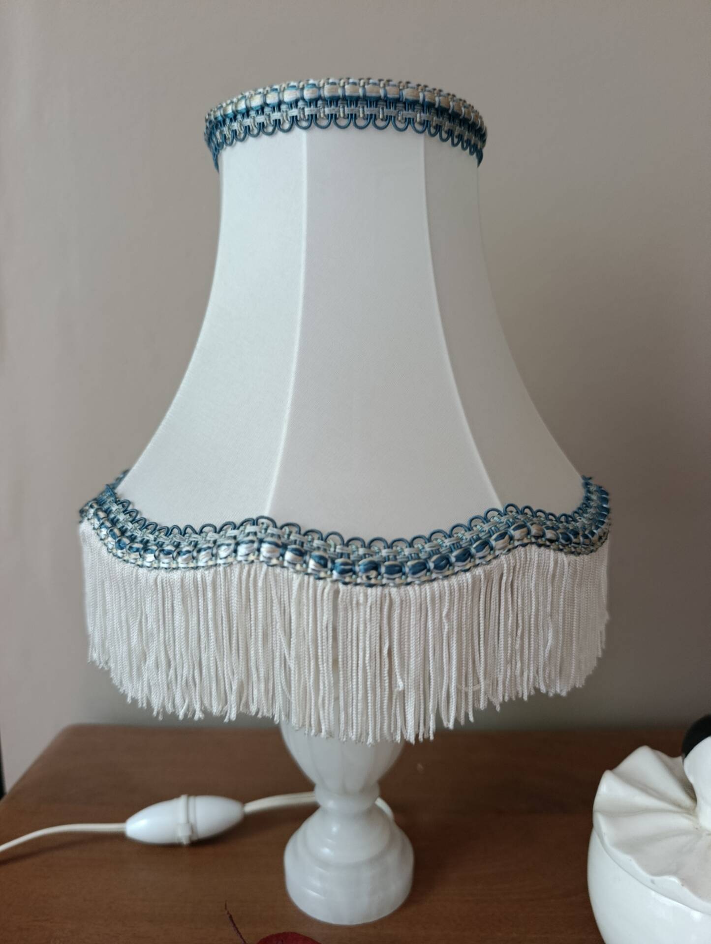 Alabaster lamp, satin white and blue pagoda shade.
