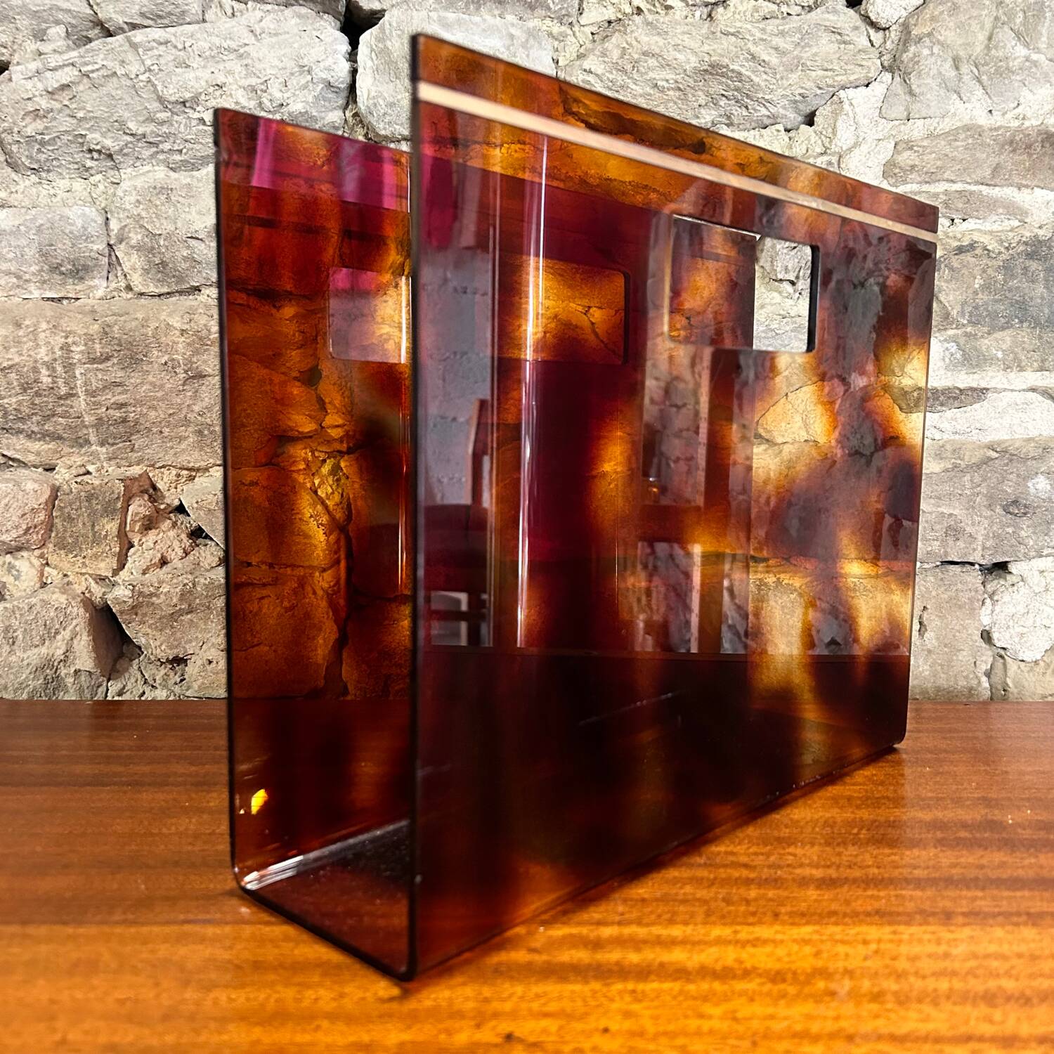 Magazine holder in plexiglass and brass from the 70s