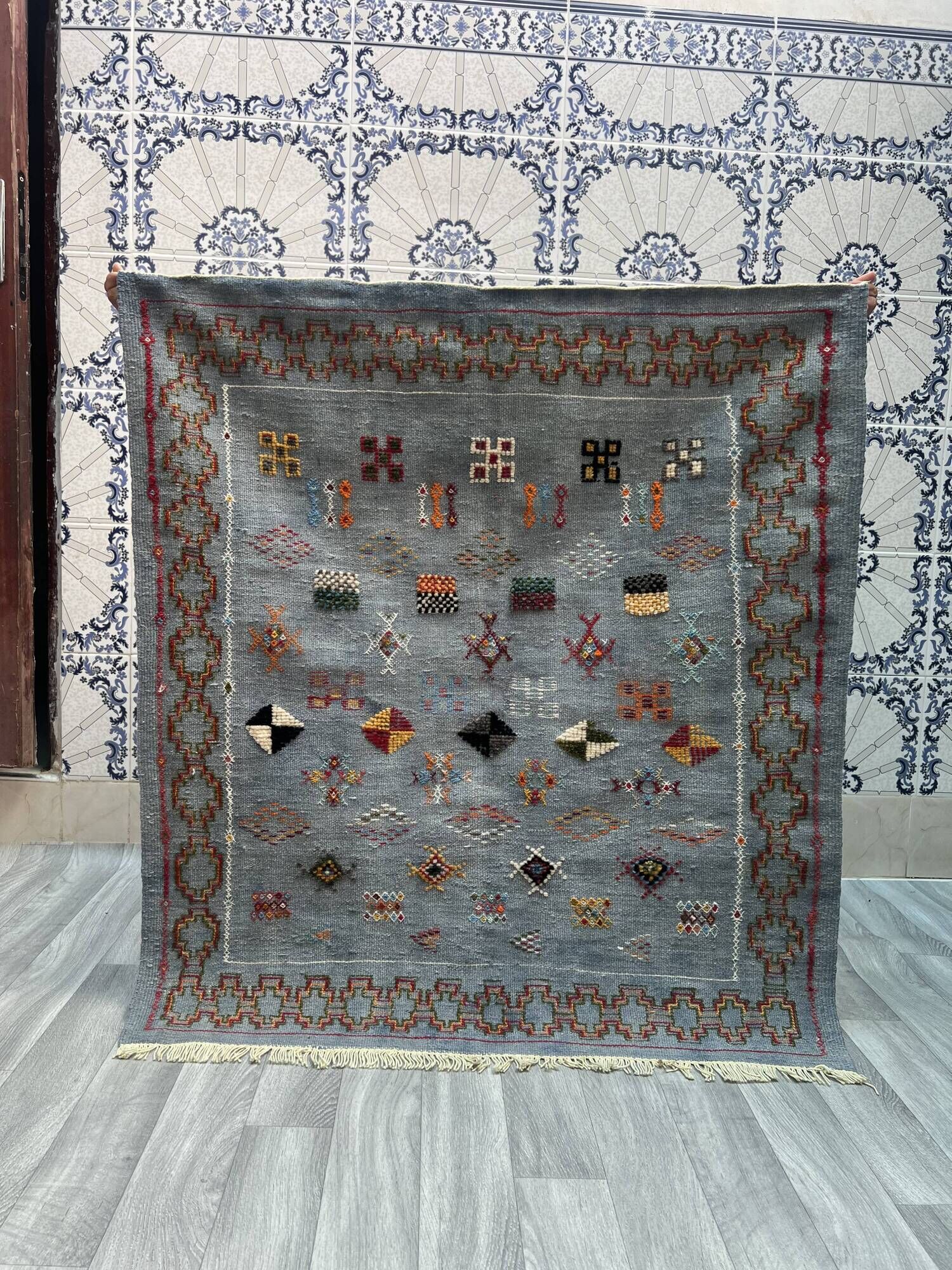 Small Moroccan rug, blue kilim, flat woven rug, interior decoration, free shipping.