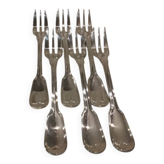6 fourchettes à gateaux métal argenté orfèvre Christofle Chinon 16cm