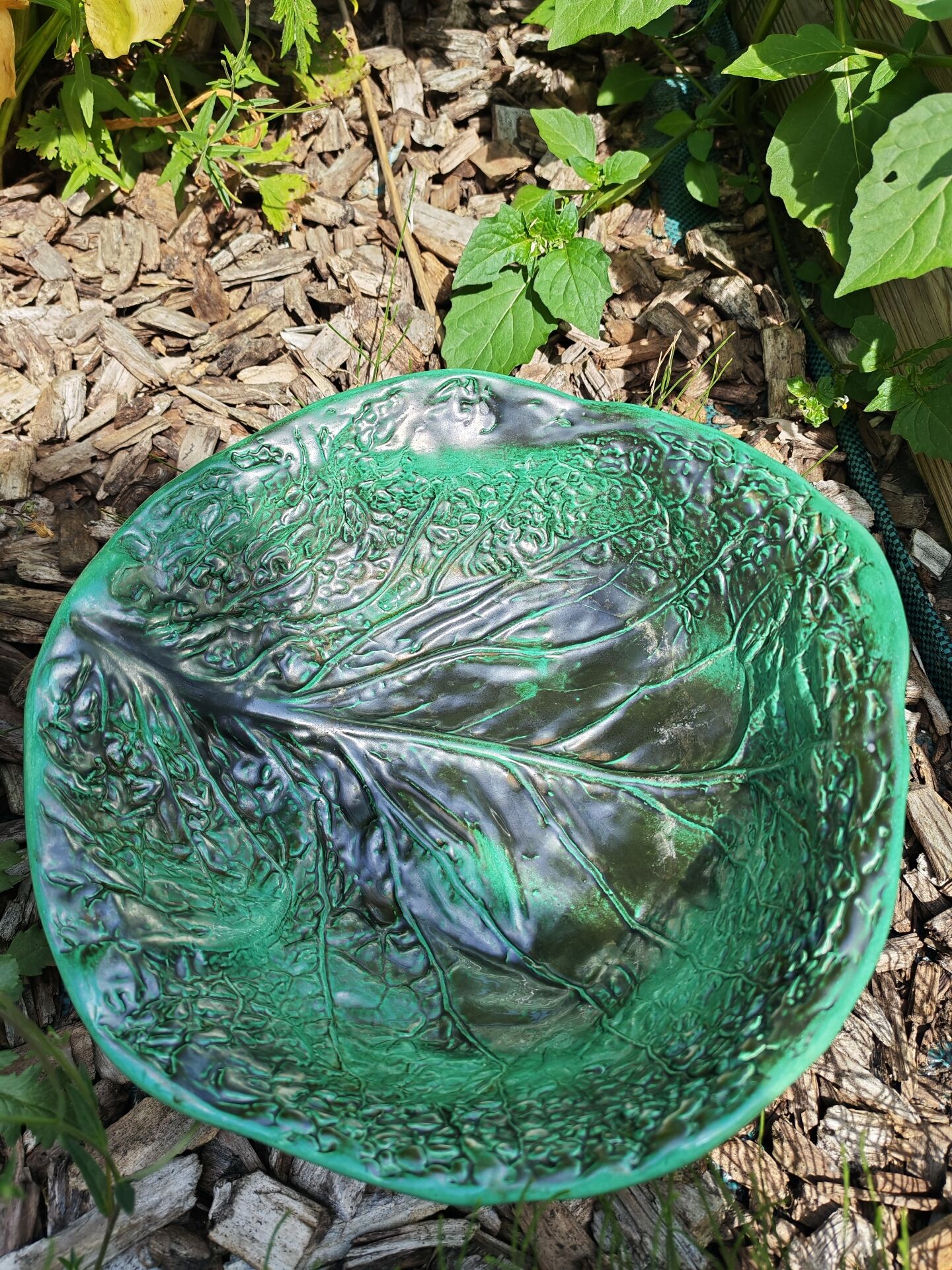 Vintage cabbage leaf earthenware salad bowl