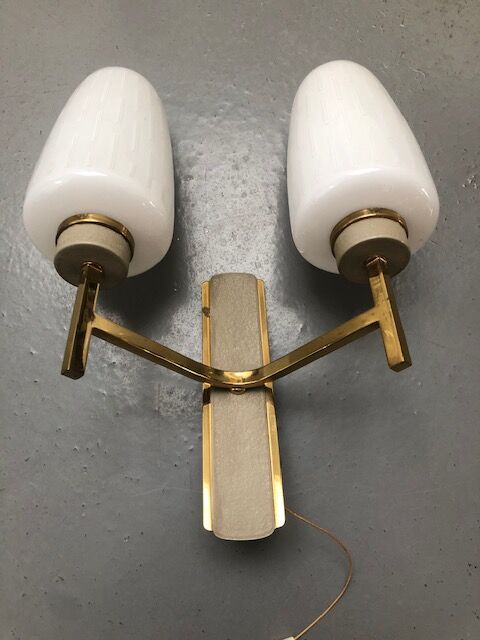 Pair of double vintage wall sconces in glass and brass