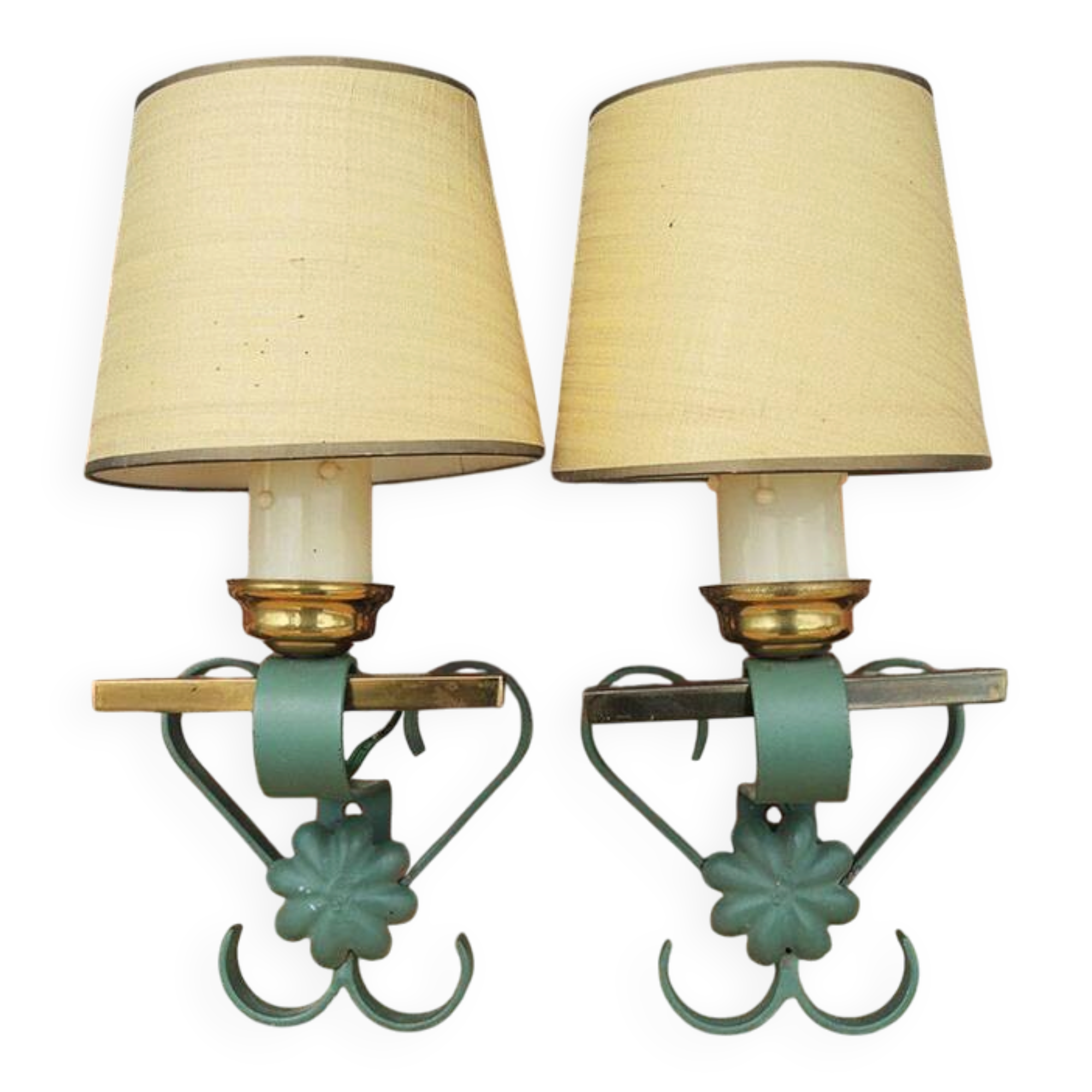 2 old wall lights in brass and painted wrought iron