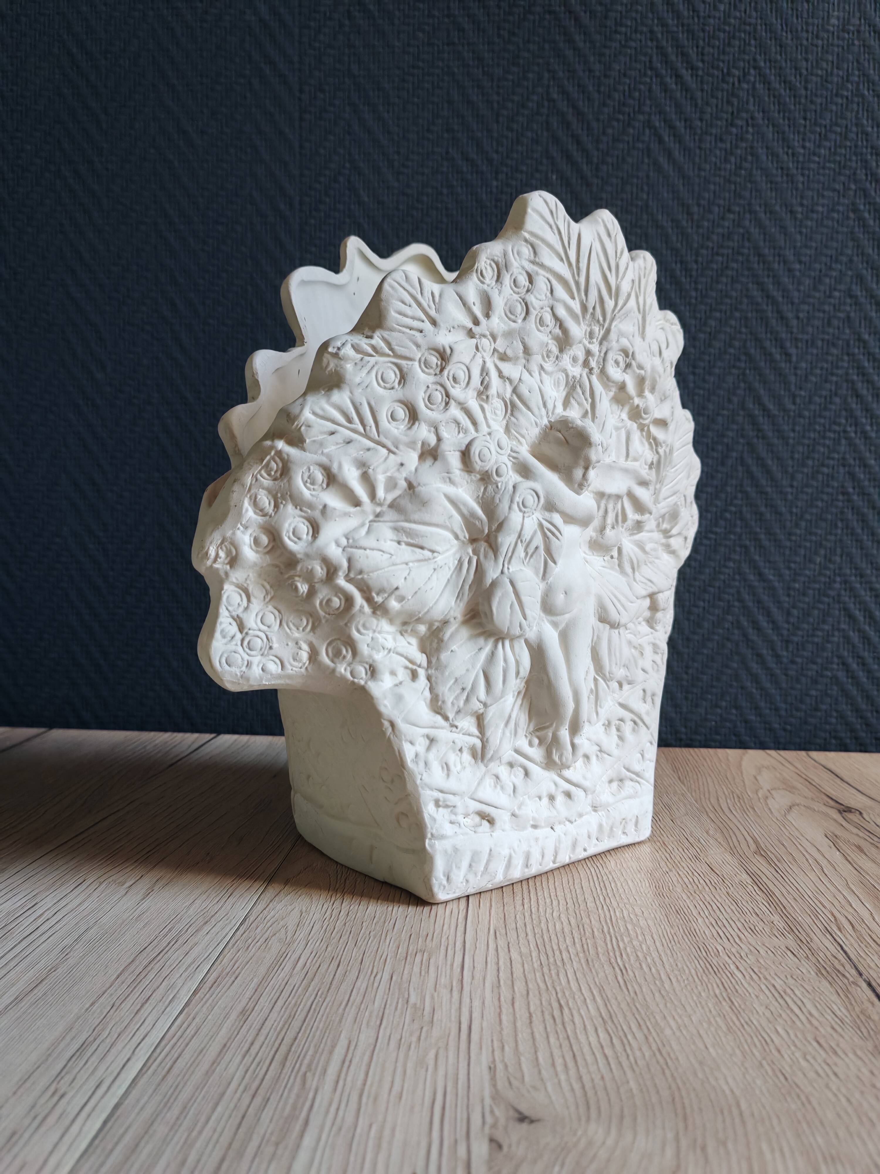 Angel Vase in White Plaster, Vintage Planter with Cherub and Flower Motif