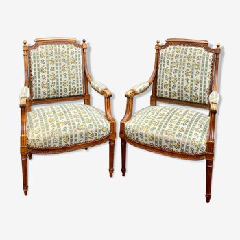 Pair of armchairs in natural wood louis xvi style xix century