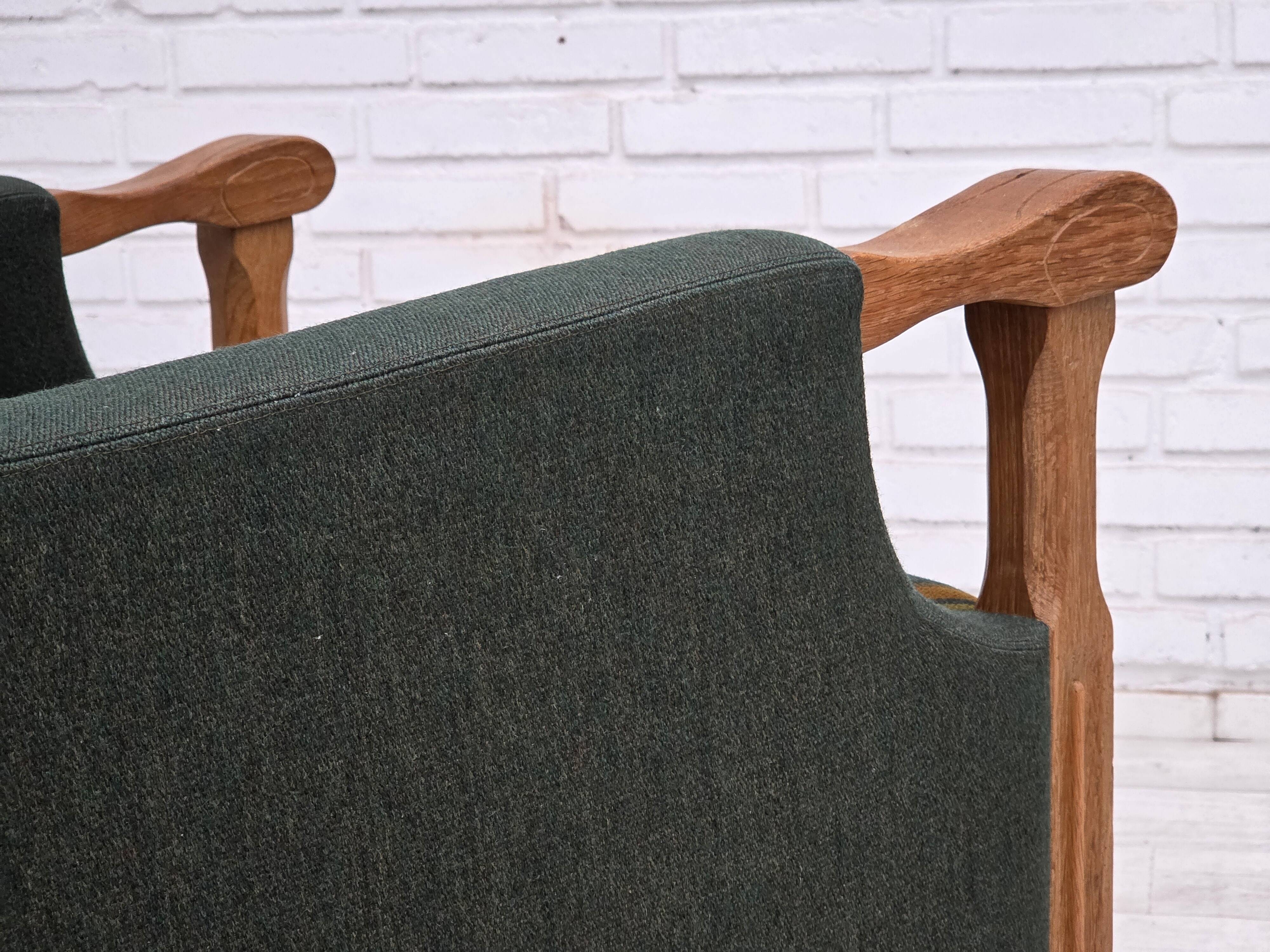 1970s, Danish armchair, green furniture wool, solid oak wood.