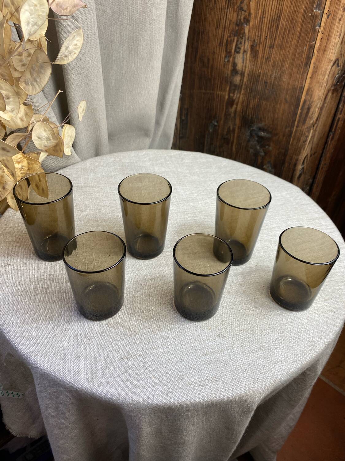 Six glasses, smoked glass, Vereco, 1970s