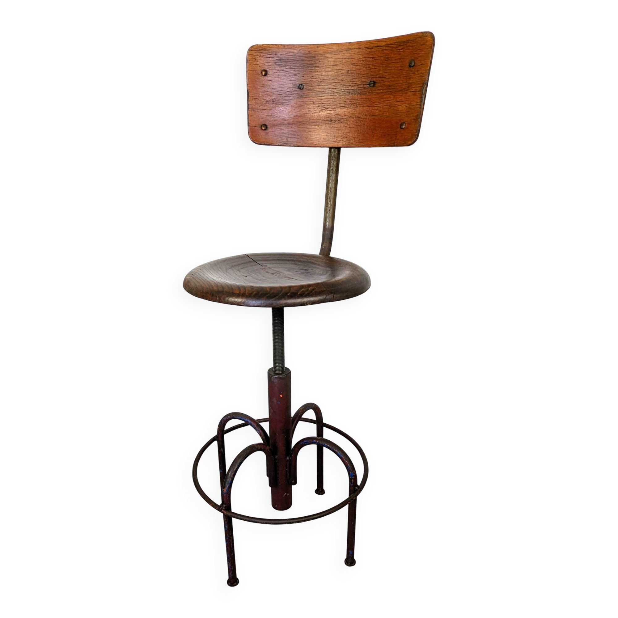 Chaise industrielle réglable ancienne avec dossier, pièce de caractère