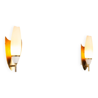 Pair of wall lamps with brass shields and glass shades