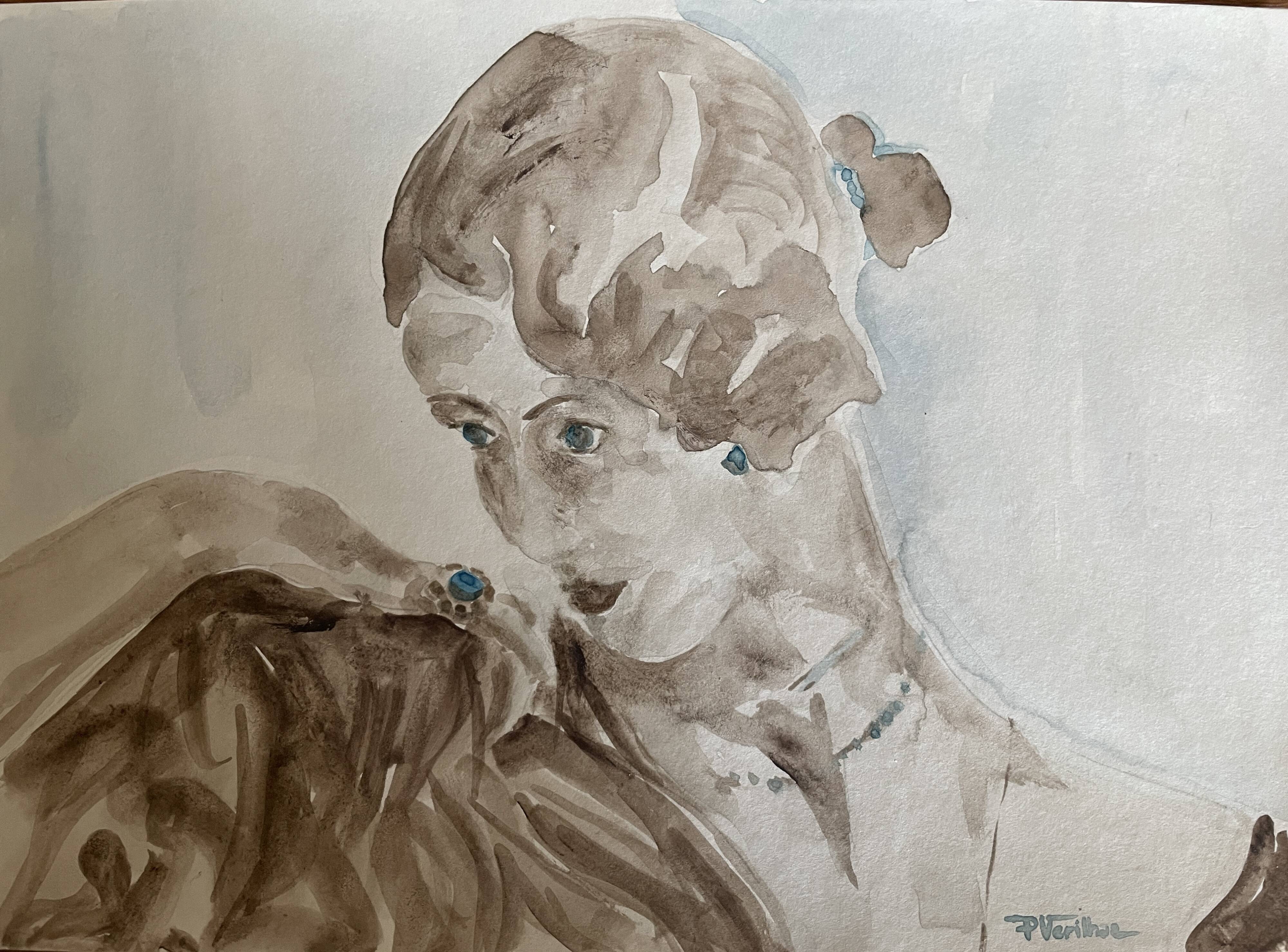 Watercolor painting signed female portrait “sapphire ring”