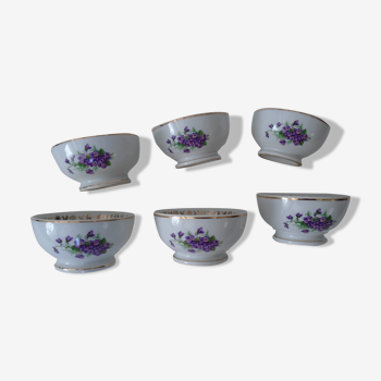 6 bols violettes décor fleurs et frise intérieure porcelaine cp france années 60
