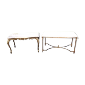 Ensemble de 2 tables basses en métal doré et marbre
