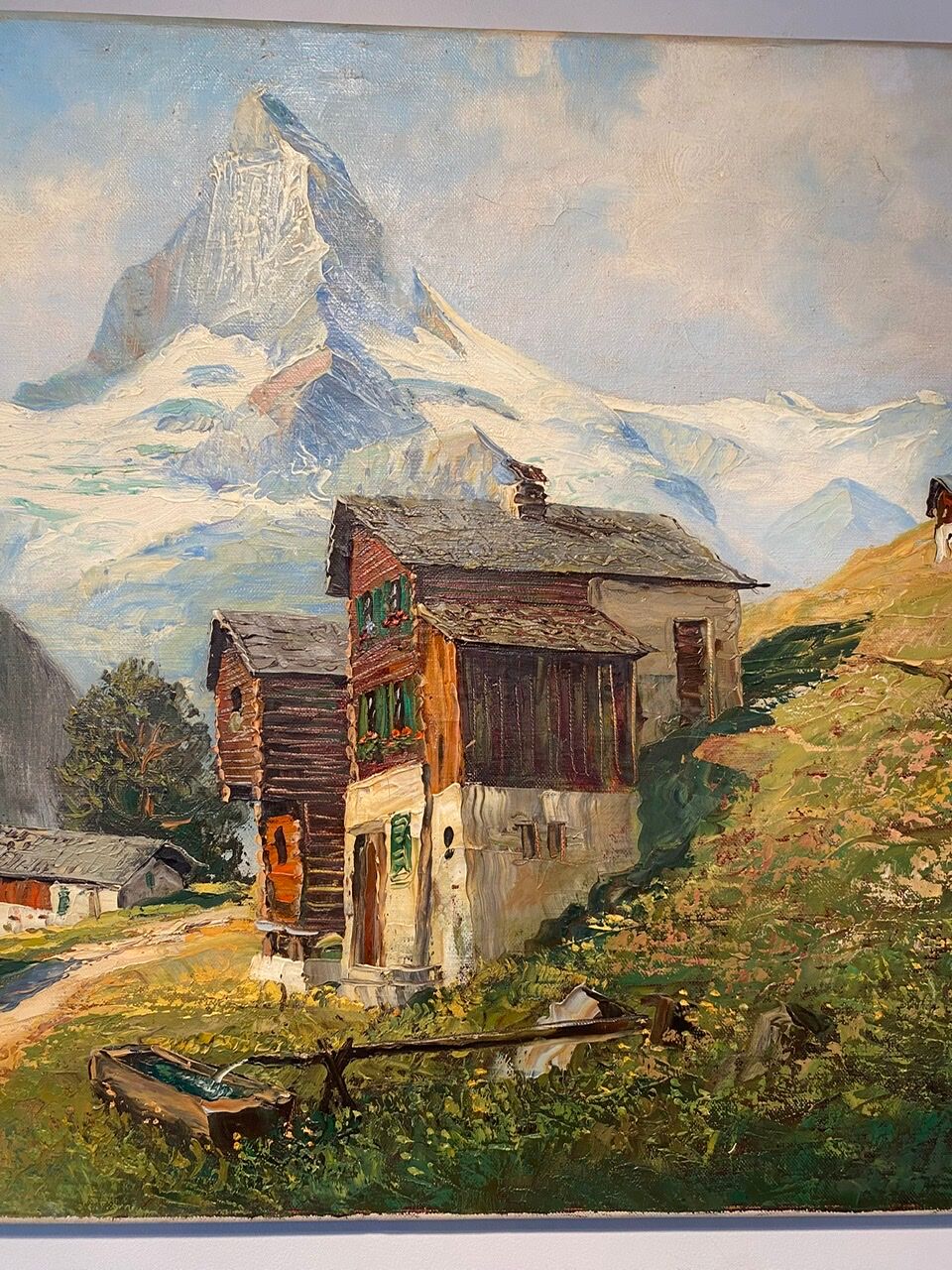 Old painting, Swiss mountain landscape signed H Herzer, mid-XX century