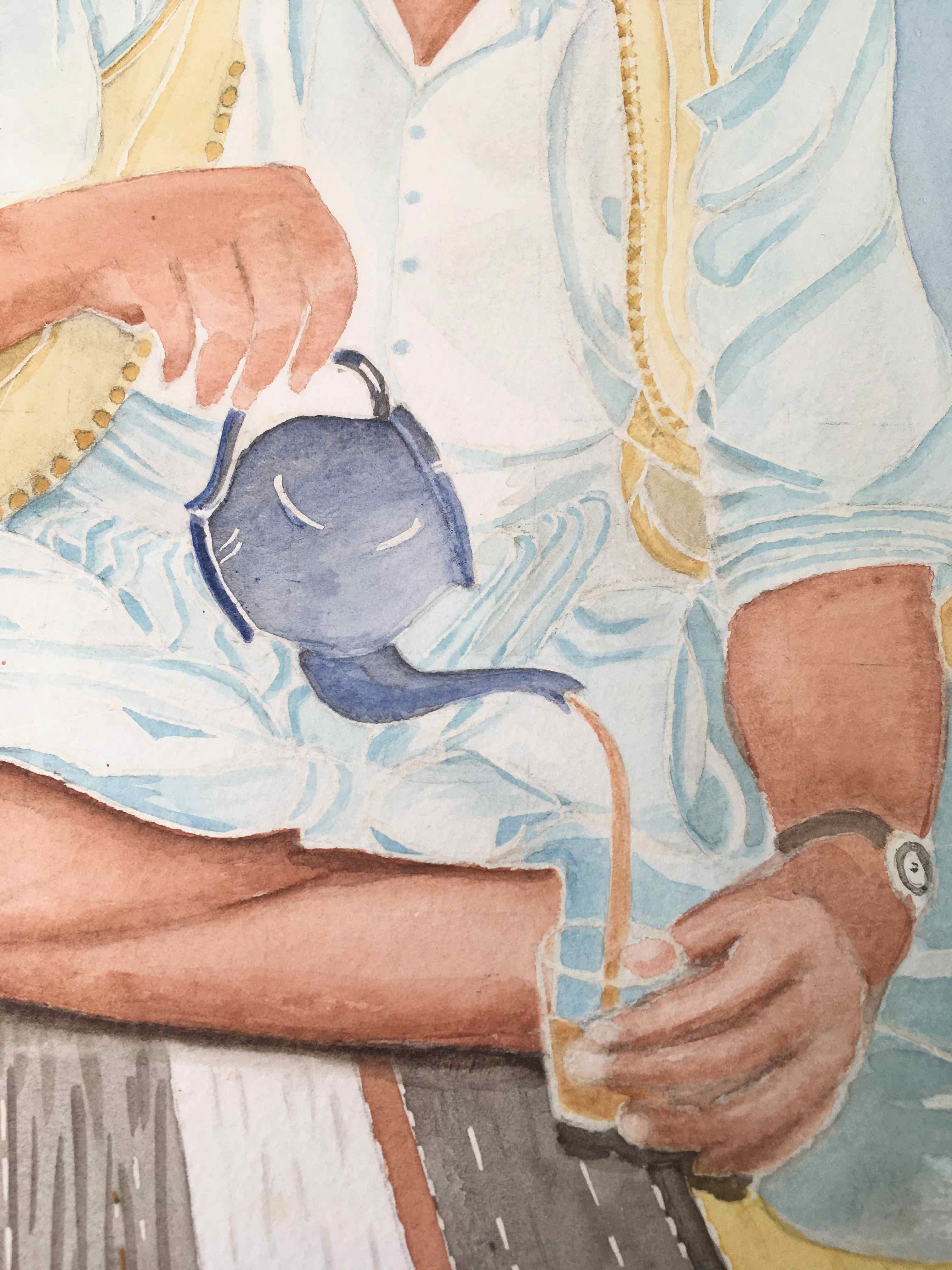 Watercolor portrait Tea time 1970