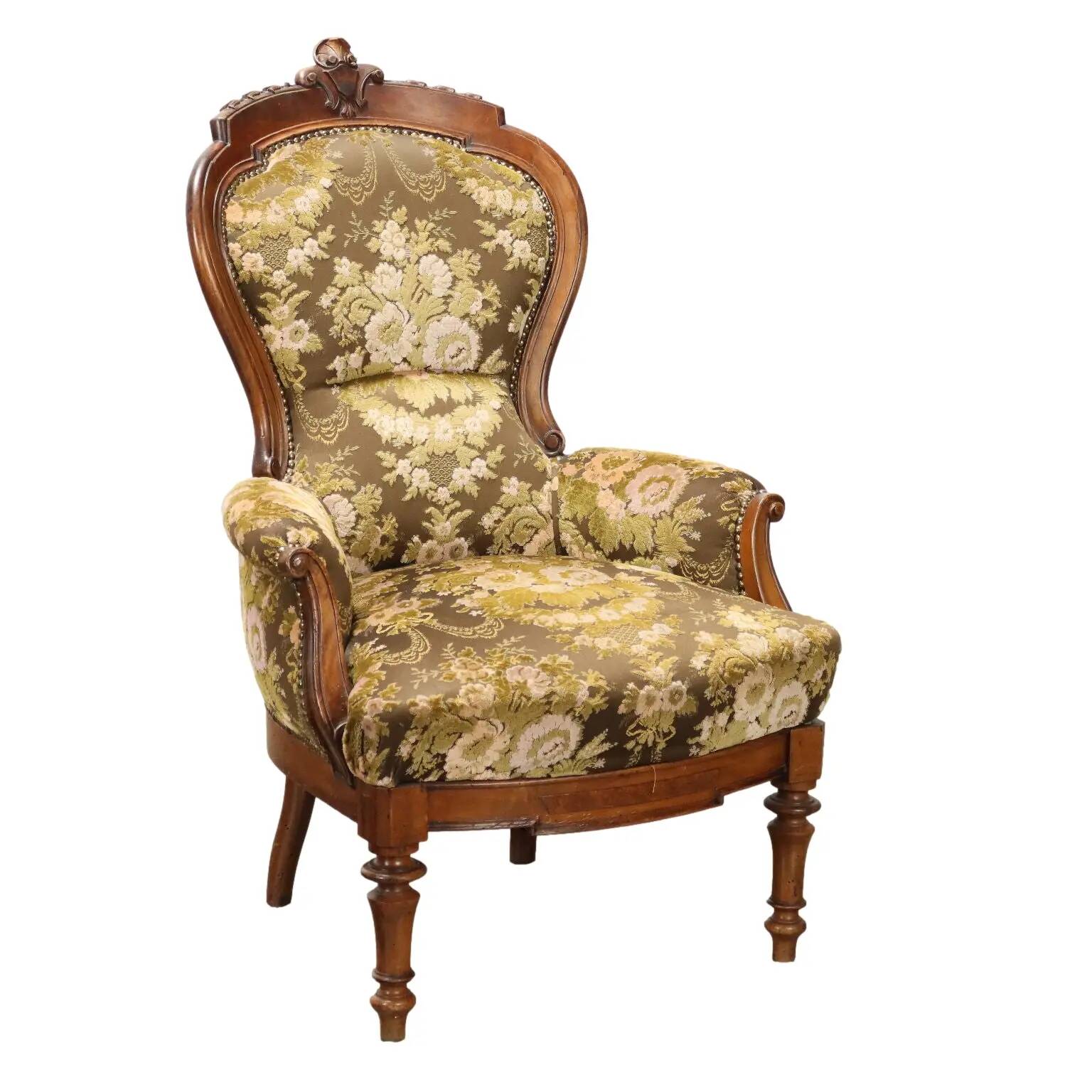 Fauteuil ancien umbertin en noyer et tissu, Italie, XIX Century