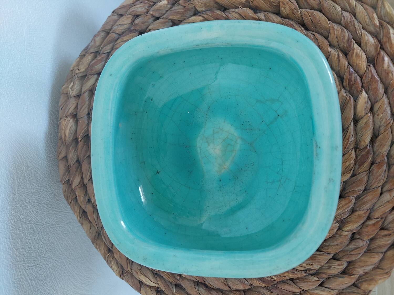 Art deco bowl signed Keramos in turquoise cracked ceramic